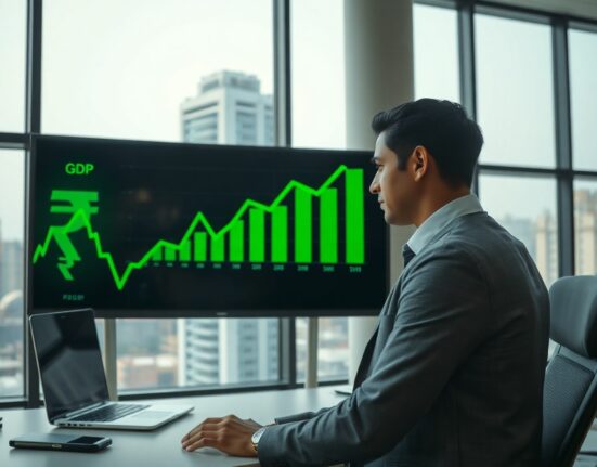 Financial analyst in Mumbai watching a green GDP growth chart with Indian Rupee symbols on a digital screen.