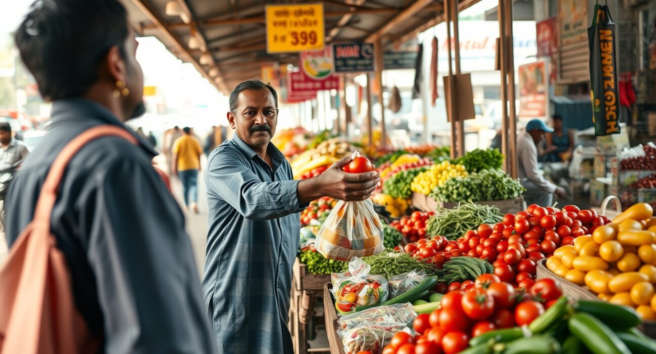 Shoppers at a vegetable market in India, with fresh produce on display, representing retail inflation trends.