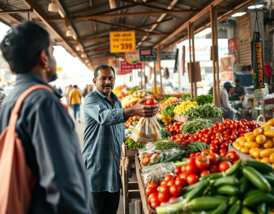 Shoppers at a vegetable market in India, with fresh produce on display, representing retail inflation trends.