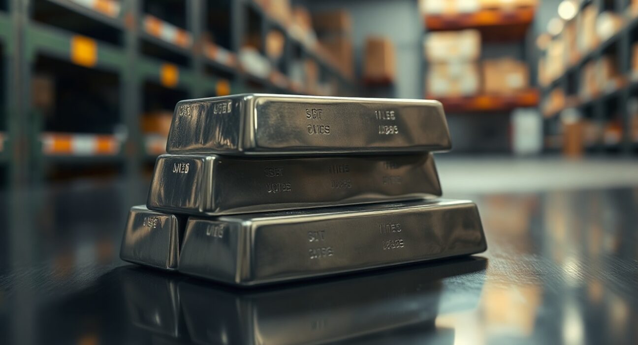 Silver bullion bars stacked on a reflective surface with soft lighting