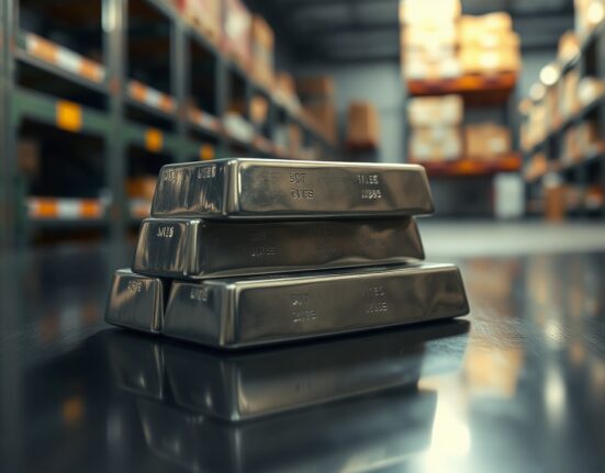 Silver bullion bars stacked on a reflective surface with soft lighting