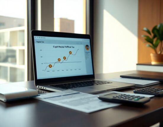 Laptop with cryptocurrency charts and tax documents on a desk in an Indian regulatory office