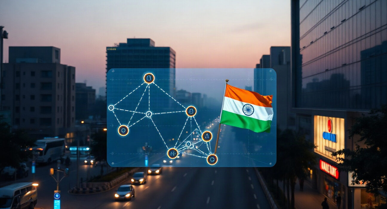 Digital blockchain display in India's financial district symbolizing tokenized bond trading pilot