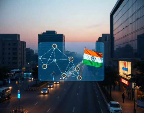 Digital blockchain display in India's financial district symbolizing tokenized bond trading pilot