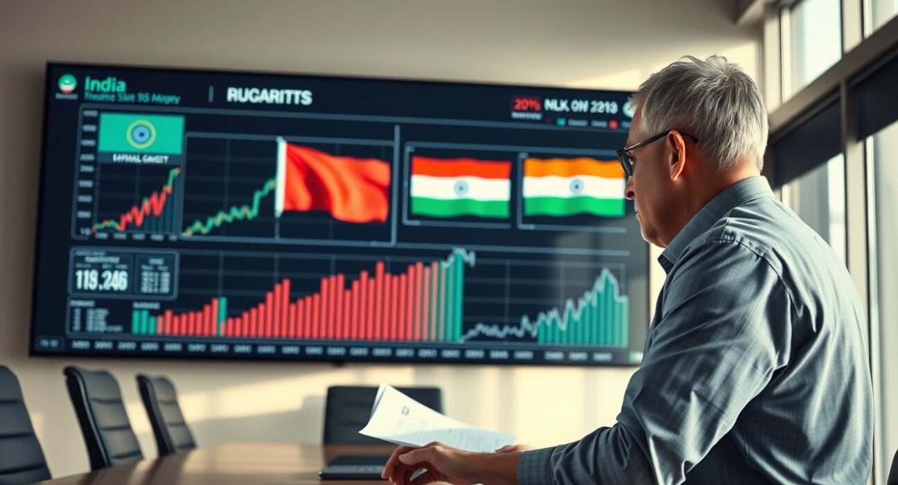 Analyst reviewing India-US trade charts on a digital screen in a modern office.