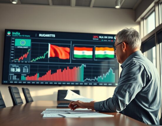 Analyst reviewing India-US trade charts on a digital screen in a modern office.