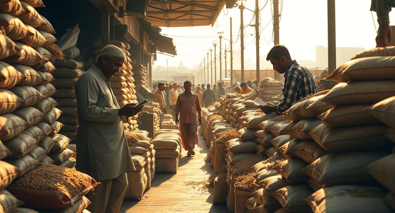A busy wholesale market in India with stacked sacks of grains and vegetables, illustrating wholesale price trends.