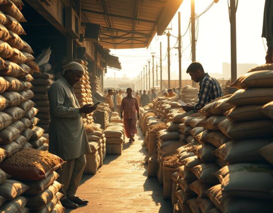 A busy wholesale market in India with stacked sacks of grains and vegetables, illustrating wholesale price trends.
