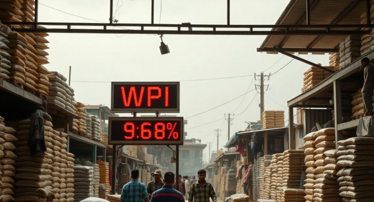 Wholesale market scene with a digital board showing India's WPI inflation rate at 9.68%.