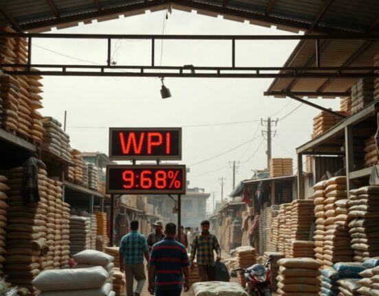 Wholesale market scene with a digital board showing India's WPI inflation rate at 9.68%.