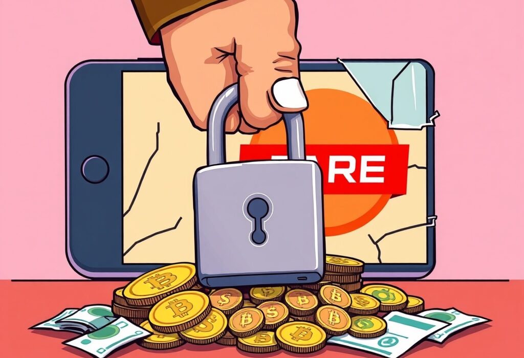 A cartoon illustration showing Indian authorities' decisive asset freeze against a scammer involved in a Coinbase scam, symbolizing effective law enforcement.