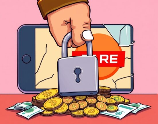 A cartoon illustration showing Indian authorities' decisive asset freeze against a scammer involved in a Coinbase scam, symbolizing effective law enforcement.