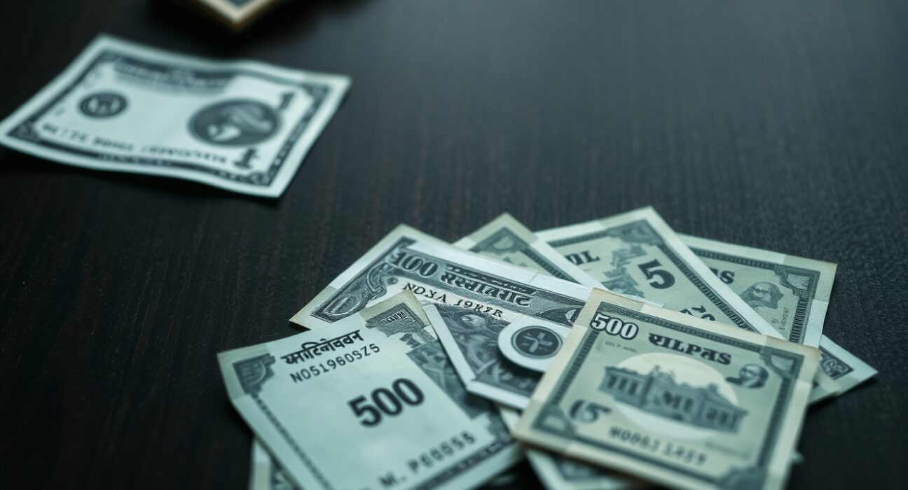 Indian rupee banknotes scattered on a dark surface with a US dollar bill at the edge, representing currency depreciation.