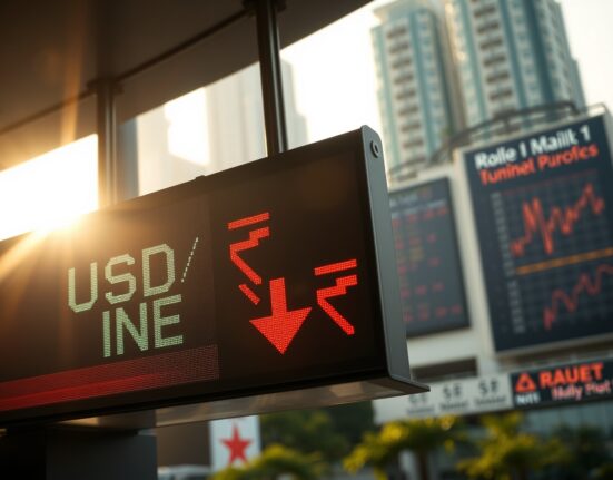 USD/INR exchange board showing rupee at record low, with a currency trader in background