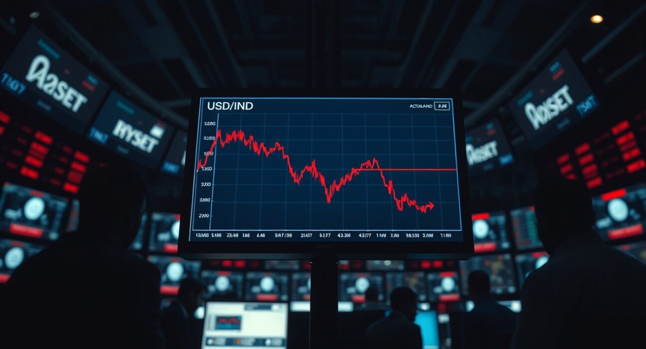Digital forex trading screen showing USD/INR exchange rate chart with downward trend
