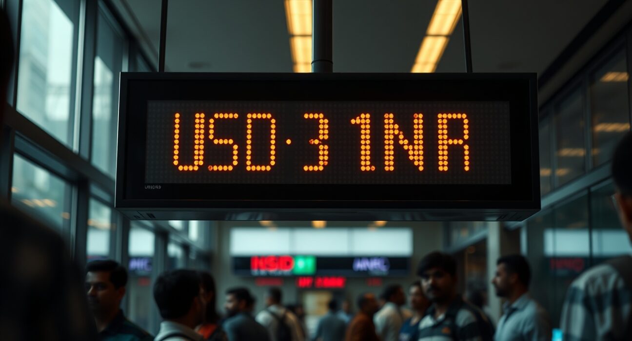 Digital currency exchange board showing USD/INR rate at record high in Mumbai