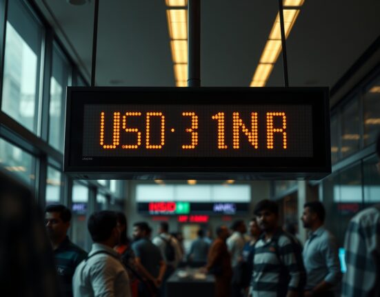 Digital currency exchange board showing USD/INR rate at record high in Mumbai