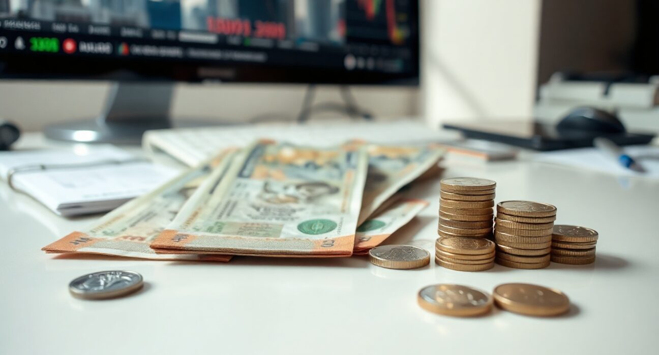 Indian rupee banknotes and coins on a desk with financial charts in the background