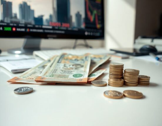 Indian rupee banknotes and coins on a desk with financial charts in the background