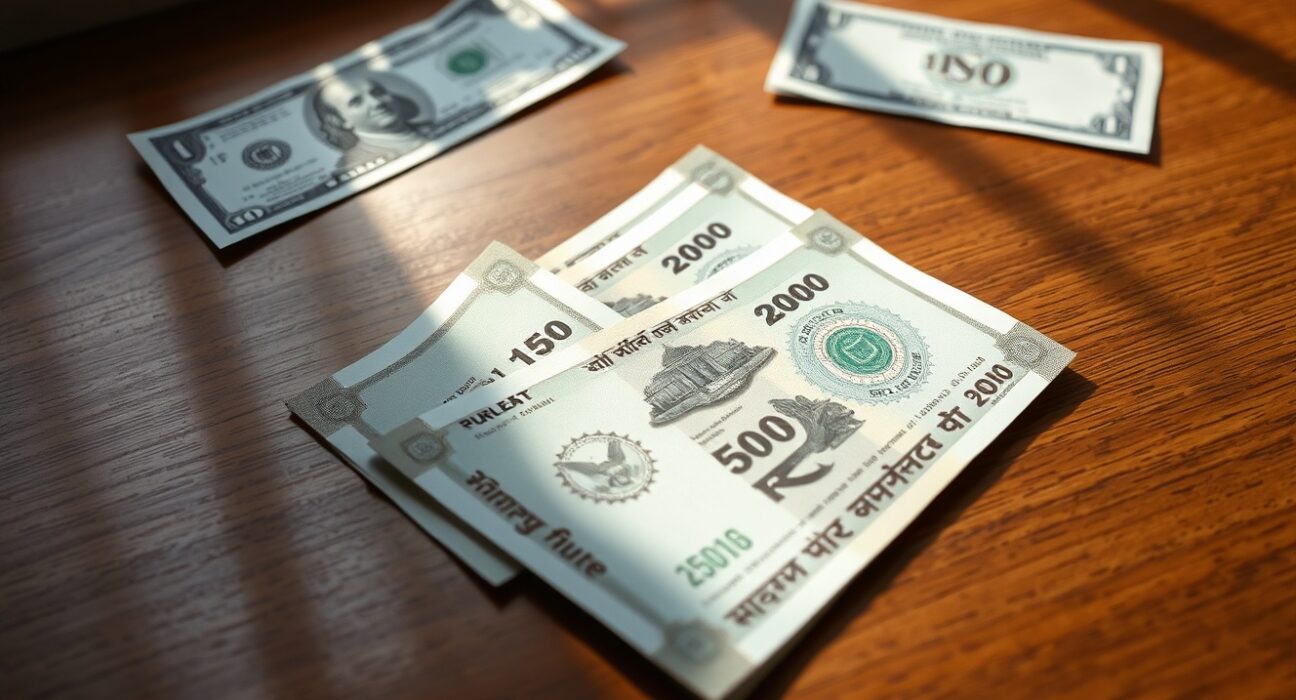 Close-up of Indian rupee banknotes with a US dollar bill in background representing forex market intervention.
