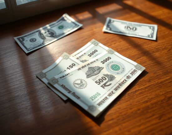Close-up of Indian rupee banknotes with a US dollar bill in background representing forex market intervention.