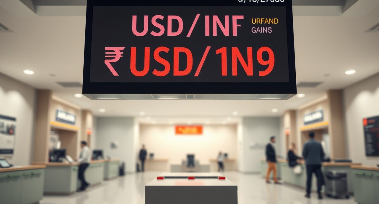 Currency exchange board showing USD/INR rate in an Indian bank lobby