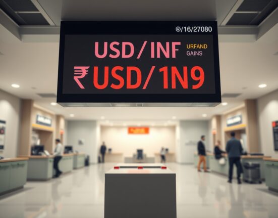 Currency exchange board showing USD/INR rate in an Indian bank lobby