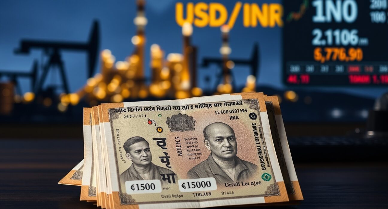 Indian Rupee banknotes on a desk with a blurred oil refinery and stock ticker in the background.
