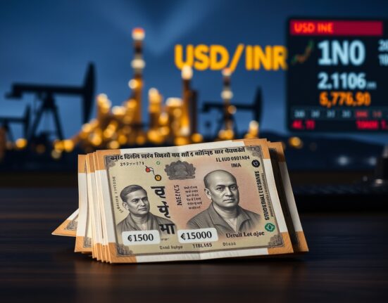 Indian Rupee banknotes on a desk with a blurred oil refinery and stock ticker in the background.