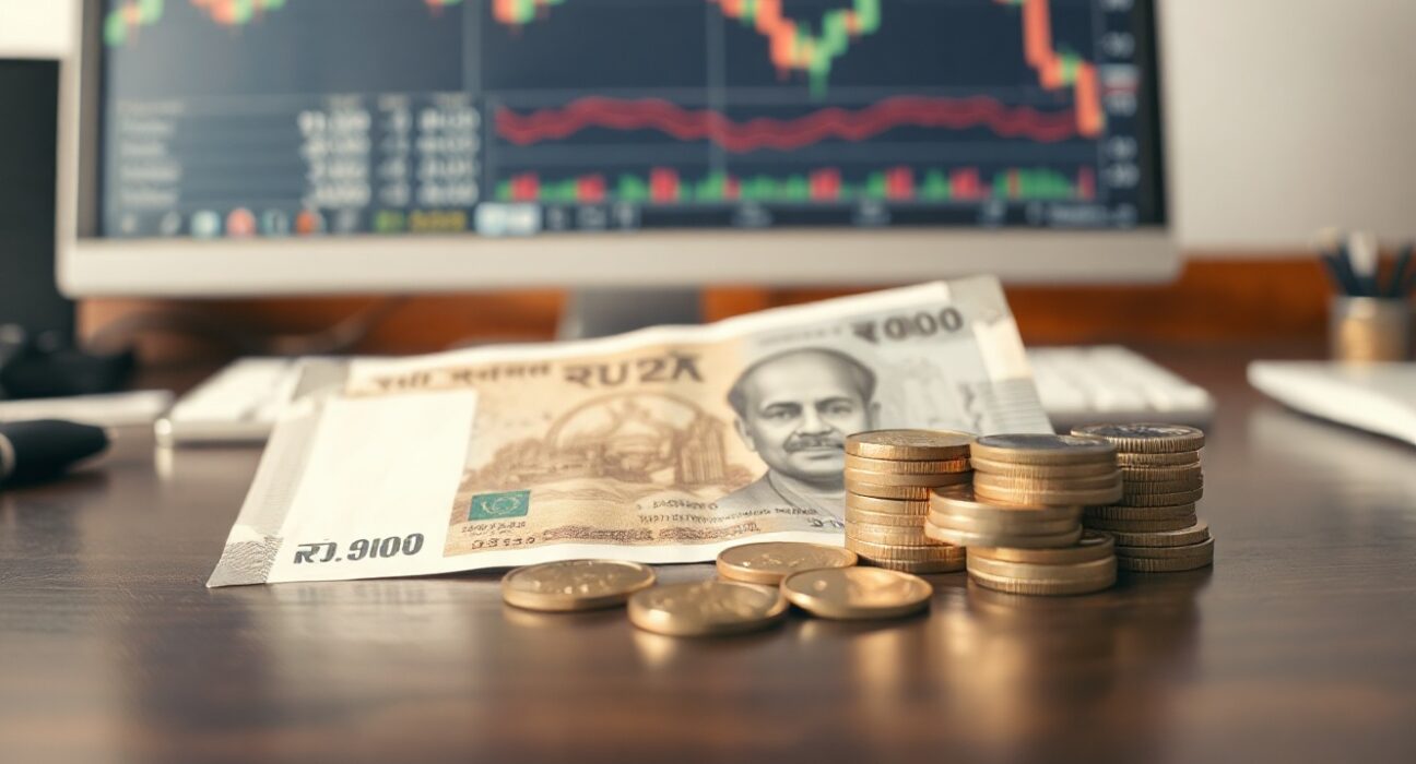 Indian rupee banknotes and coins on a desk with financial charts in background