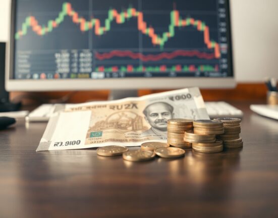 Indian rupee banknotes and coins on a desk with financial charts in background