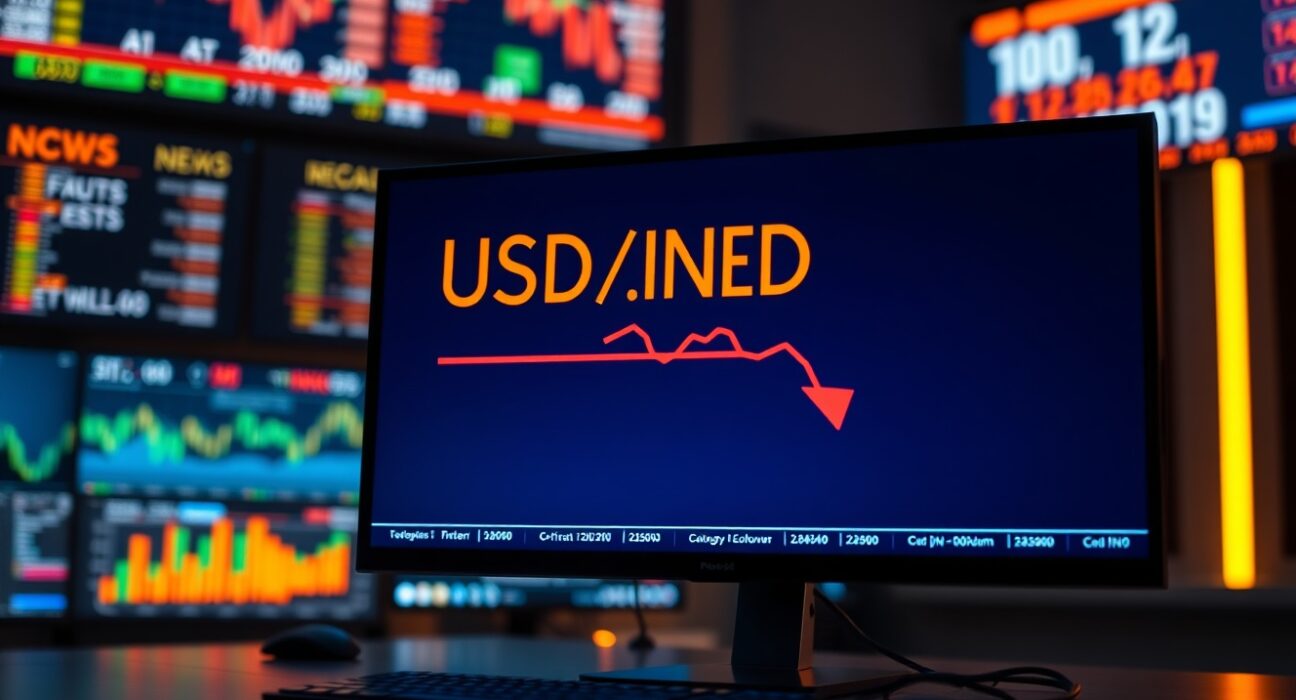 Digital forex trading screen showing USD/INR exchange rate with red downward arrow indicating currency correction