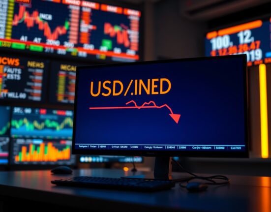 Digital forex trading screen showing USD/INR exchange rate with red downward arrow indicating currency correction
