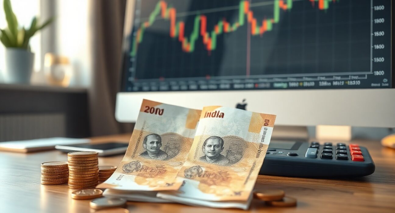 Indian Rupee banknotes and coins on a desk with a financial chart on a monitor, symbolizing currency and rate analysis.