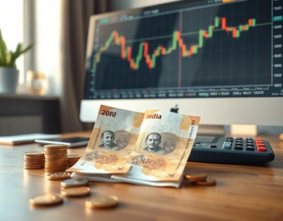 Indian Rupee banknotes and coins on a desk with a financial chart on a monitor, symbolizing currency and rate analysis.