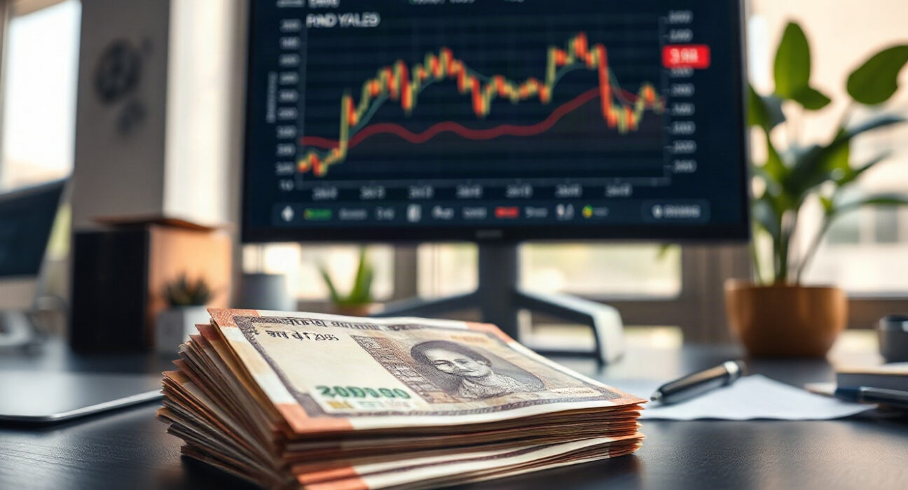 Indian rupee notes with financial charts in background, representing bond yield analysis