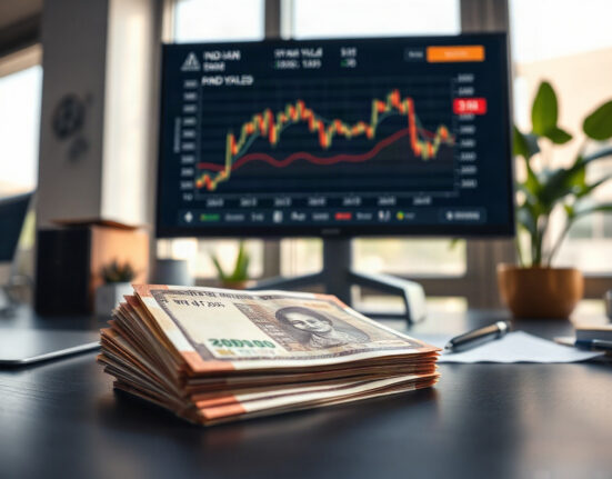 Indian rupee notes with financial charts in background, representing bond yield analysis