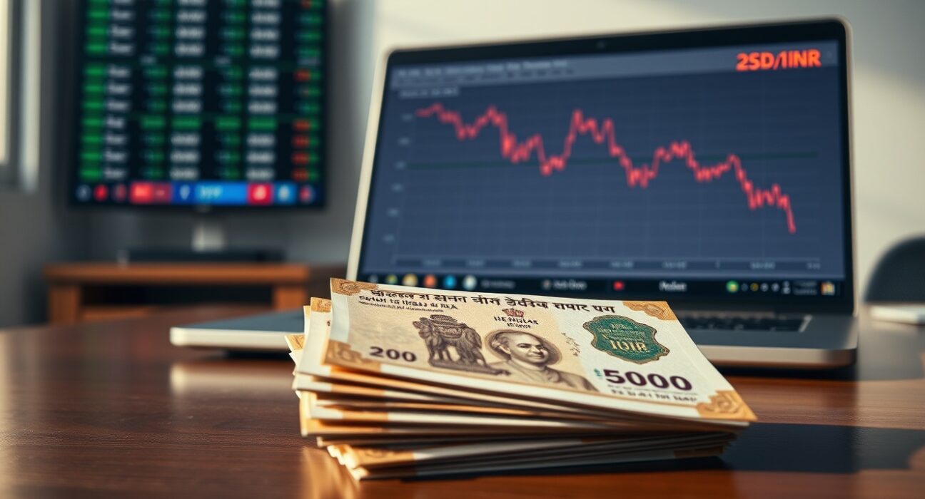 Stack of Indian Rupee banknotes on desk with laptop showing declining USD/INR chart