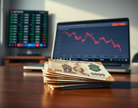 Stack of Indian Rupee banknotes on desk with laptop showing declining USD/INR chart
