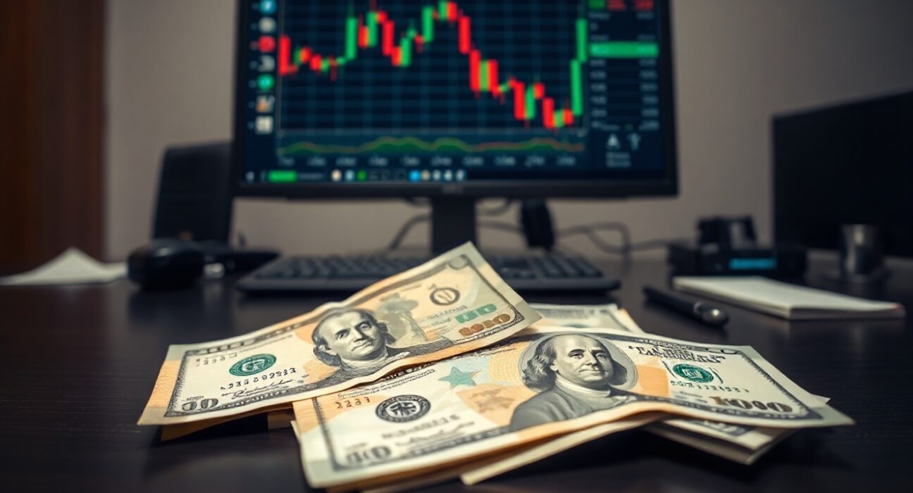 Indian Rupee and US Dollar banknotes on a desk representing currency market volatility
