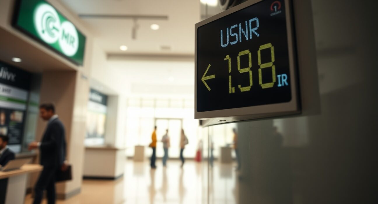 Currency exchange board showing USD/INR rate with Rupee declining