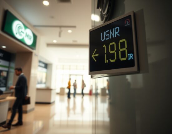 Currency exchange board showing USD/INR rate with Rupee declining