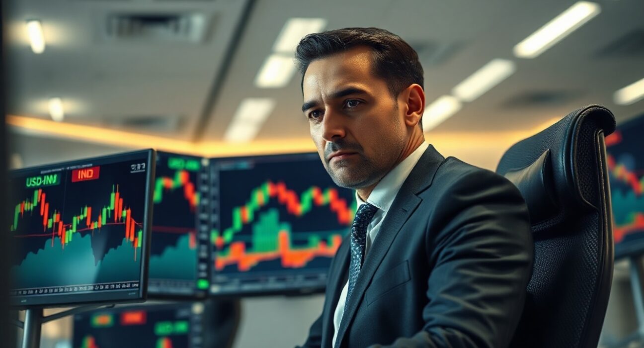 Financial analyst monitoring USD/INR forex charts on multiple screens in a modern office.