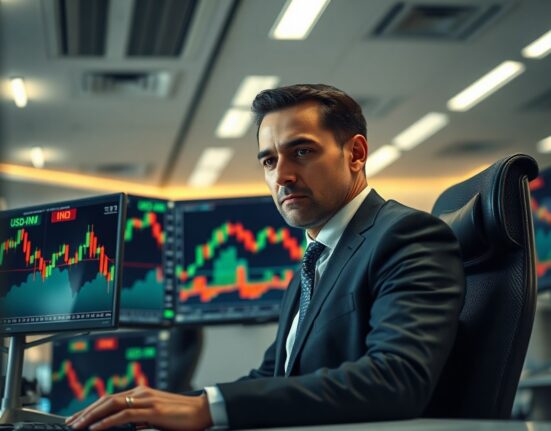 Financial analyst monitoring USD/INR forex charts on multiple screens in a modern office.
