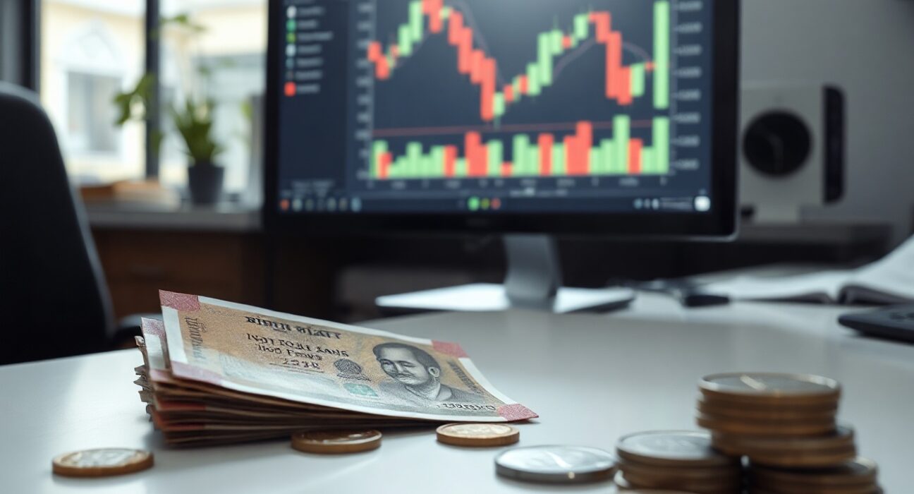 Indian Rupee banknotes with a financial chart in the background