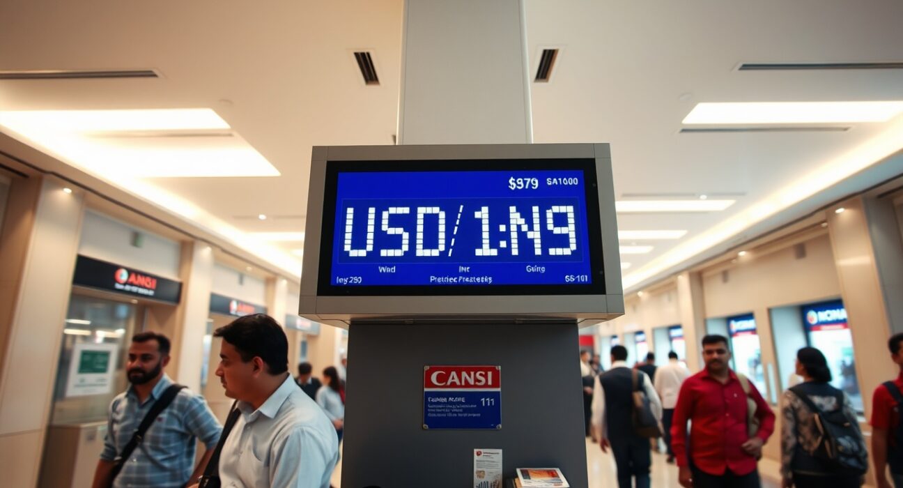 Digital currency exchange board showing USD/INR rate in a financial district.