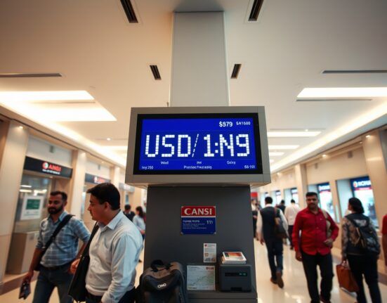 Digital currency exchange board showing USD/INR rate in a financial district.