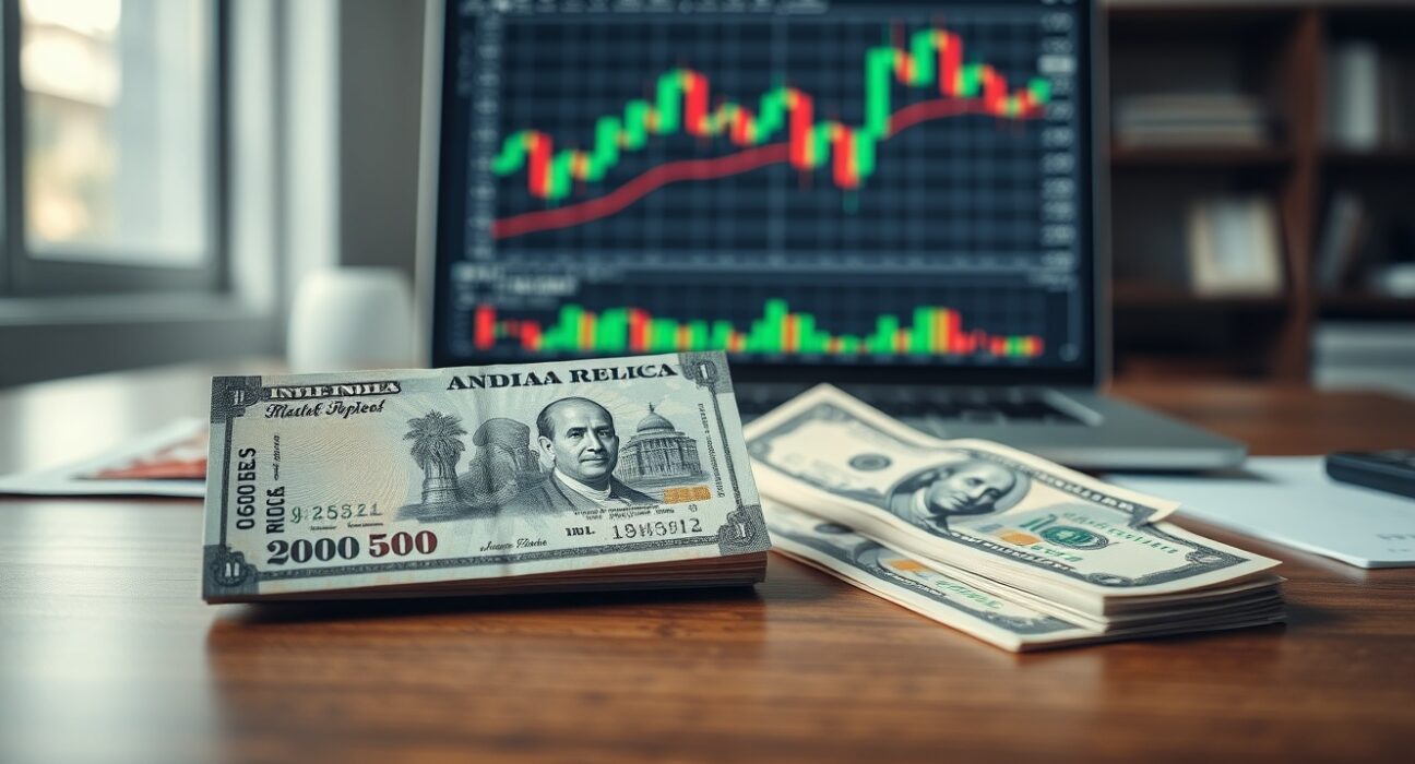 Indian Rupee and US Dollar banknotes on a desk with a financial chart on a laptop in the background
