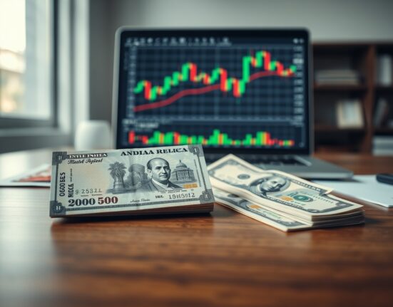 Indian Rupee and US Dollar banknotes on a desk with a financial chart on a laptop in the background