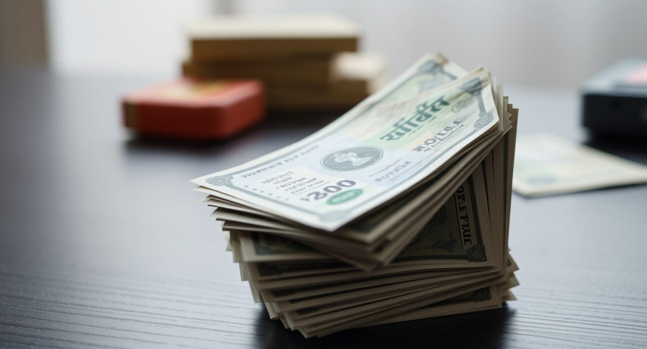 Close-up of Indian rupee banknotes stacked on a wooden desk with US dollar bills blurred in the background.